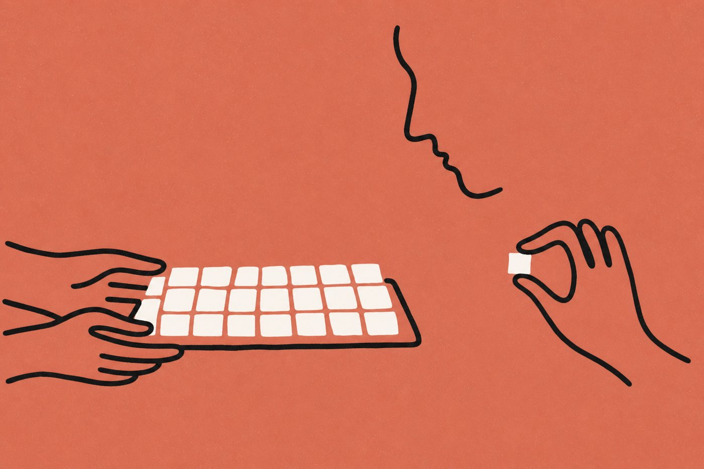 Hand-drawn line illustration in warm terracotta and cream: two loopy line-drawn hands push a wide cream tray packed with many small cream squares while a third hand pinches a single tiny square, a one-line profile face observing between them.