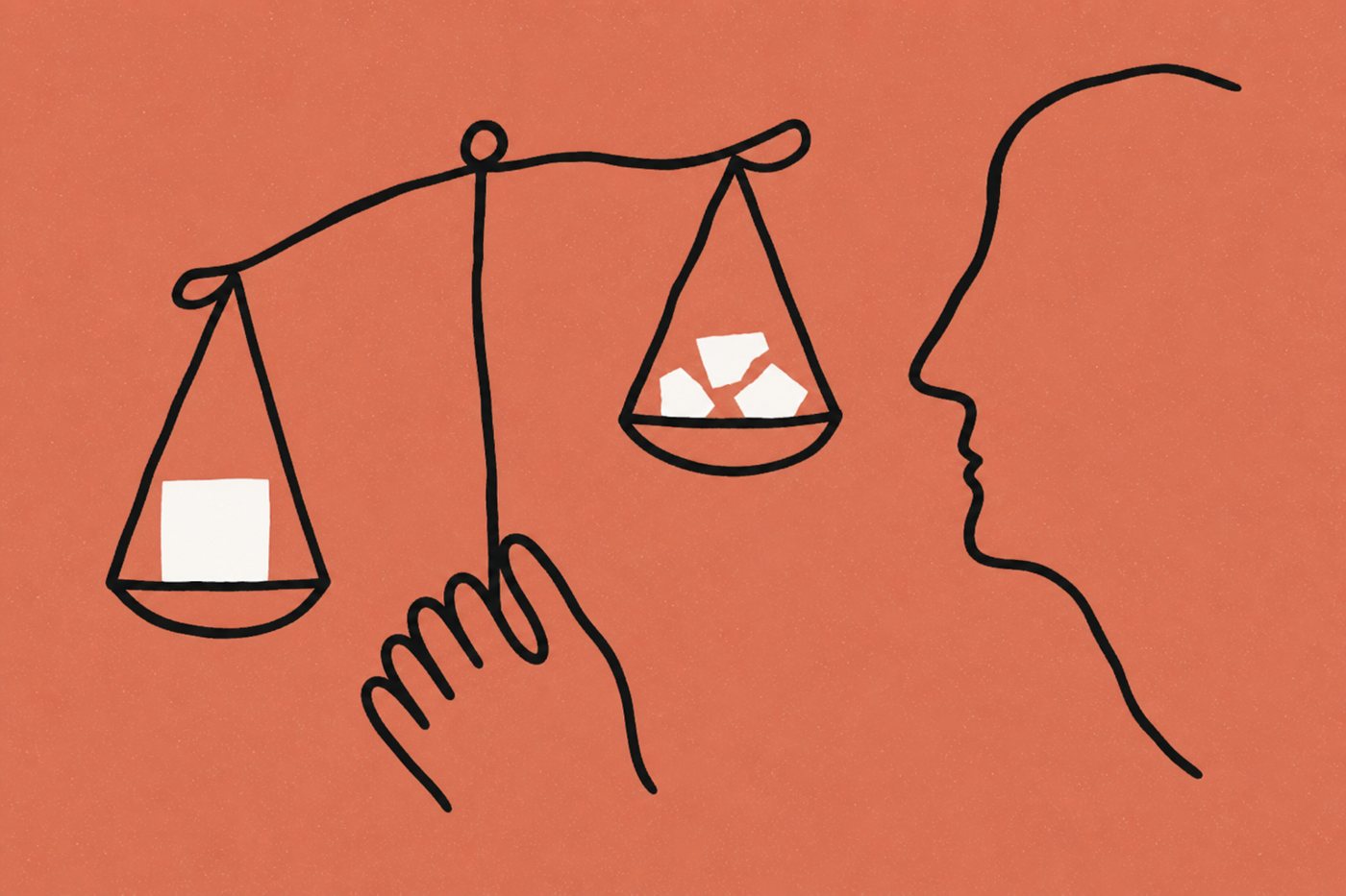 Hand-drawn line illustration in warm terracotta and cream: a balance scale where one solid cream block outweighs a pan of loose paper scraps, steadied by a hand and examined by an abstract one-line face.