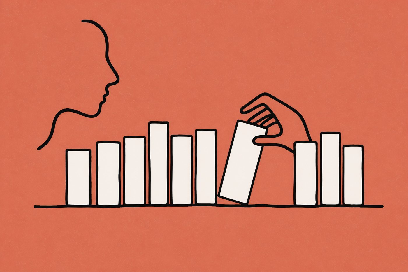 Hand-drawn line illustration in warm terracotta and cream: a hand tips one cream book out of a neat shelf row of book spines, considered by an abstract one-line face.